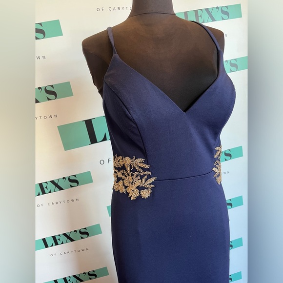 Faviana Navy Blue Gown with Gold Accents - Picture 2 of 7